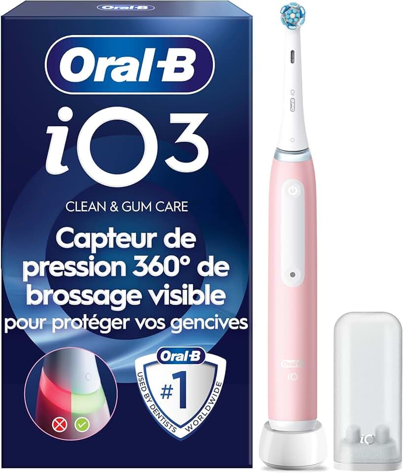 Oral-B Brosse à Dents Electrique iO 3 avec 1 Brossette de Rechange, Rose | 3 Modes de Brossage Silencieux dont Douceur et Blancheur, Capteur de Pression sur les Gencives, Batterie Rechargeable