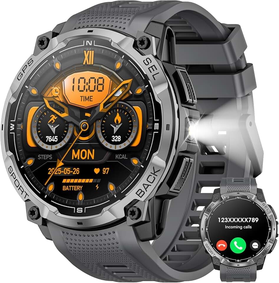 Montre Connectée Homme GPS Militaire, 1,43" AMOLED HD Smartwatch Homme avec Appel Bluetooth, Lampe LED, Boussole, 100+ Modes Sportifs, Fréquence Cardiaque, Montre Sport pour Android iOS (Noir)