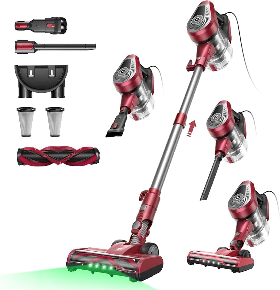 Vexilar C8 Aspirateur Balai avec Fil, 600W/60Kpa Aspirateur Balai Filaire Puissant, Câble de 7m, Brosse Anti-Emmêlement, Filtre HEPA, 1,5L, Aspirateur Léger pour Sols Durs, Tapis et Poils d’Animaux