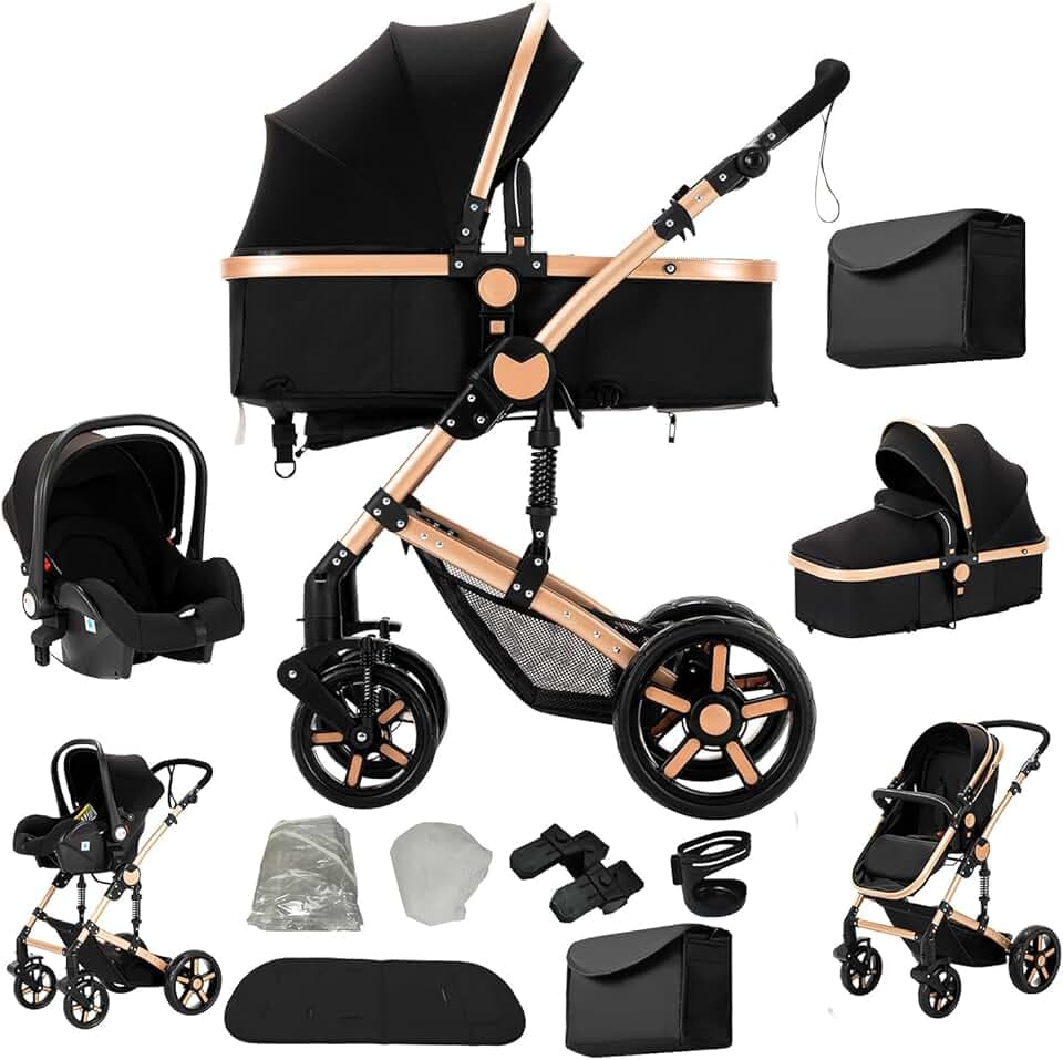 Poussette 3 en 1, Haute vue Poussette Bebe Pliante, Poussant Avant Et Arrière En aluminium, Système De Voyage Pour Bébé (588 Noir Doré)