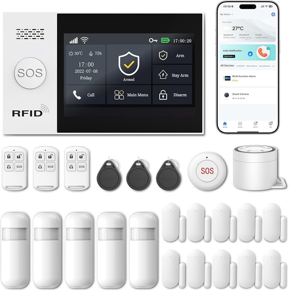 LWOHSI Alarme Maison sans Fil,4G/WiFi Kit Alarme avec écran Tactile 4,3 Pouces,Capteurs De Porte et De Mouvement,Sirène 120 DB,Alertes D'application,sans Abonnement Mensuel,Compatible avec Alexa