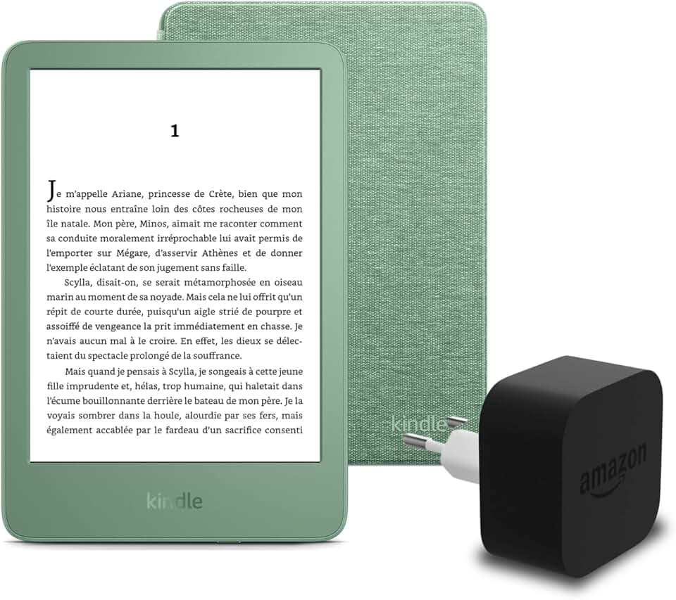 Le nouveau Kindle (version 2024) 16 GB sans publicité, une housse en tissu Amazon et un adaptateur secteur Amazon Powerfast 9 W.