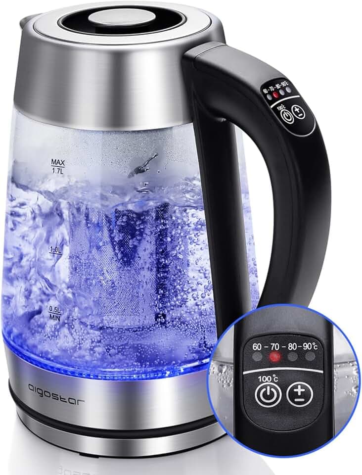 Aigostar Cris - Bouilloire en verre Température Réglable 2200W, 1.7L. Thermostat Réglable (60 à 100ºC) et fonction maintien au chaud, Filtre à thé amovible, éclairage LED de couleurs, Sans BPA.