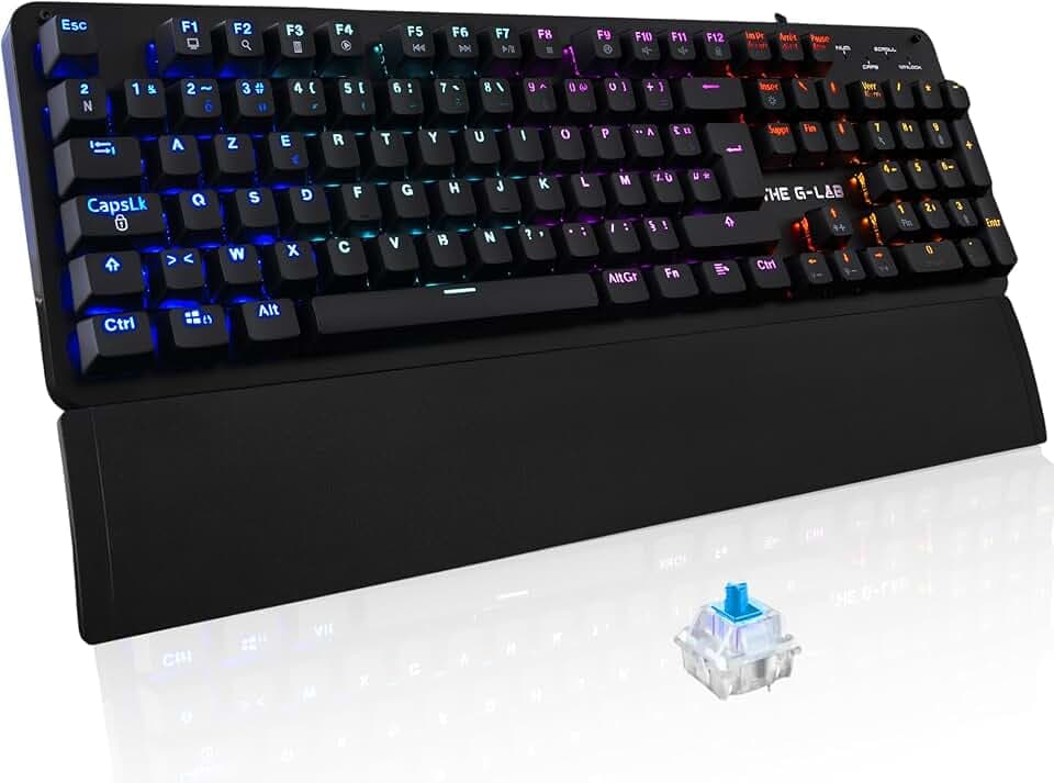 The G-Lab - Keyz Carbon E Clavier Mécanique Gamer Azerty Blue Switches Ultra Précis - 16 Effets de Rétro-Éclairage - Repose-Poignets Magnétique - Compatible PC PS4/PS5 Xbox One/Series X - New