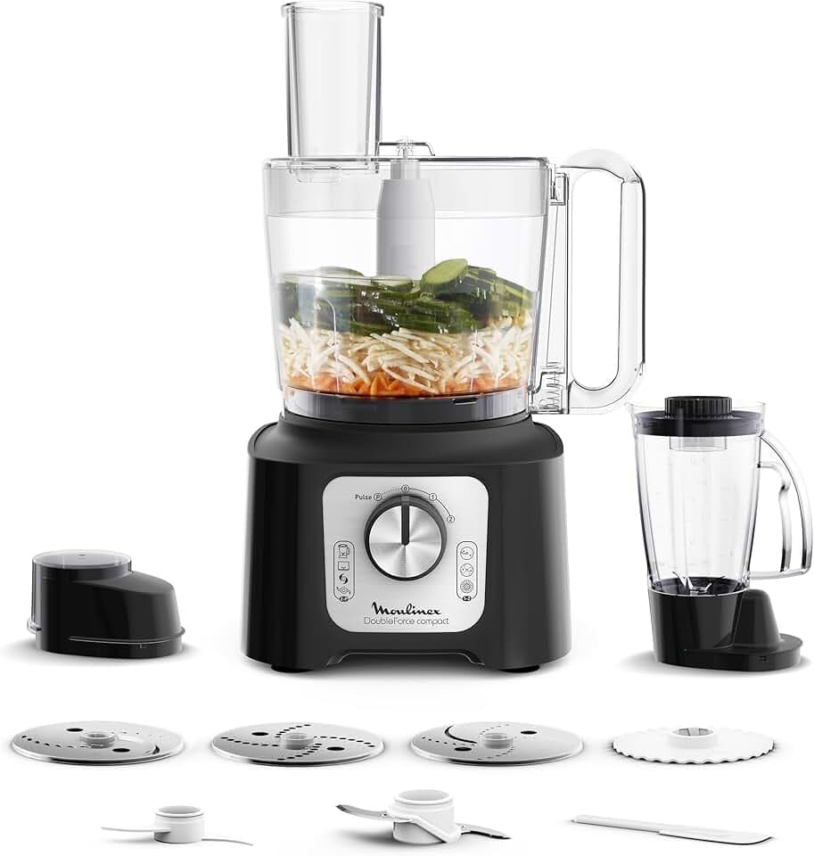 Moulinex Double Force Compact Robot Cuisine Multifonction, Bol 3L, 800W, 2 Vitesses + Pulse, 9 Accessoires, Blender, Hachoir, Râpes, Noir FP546811