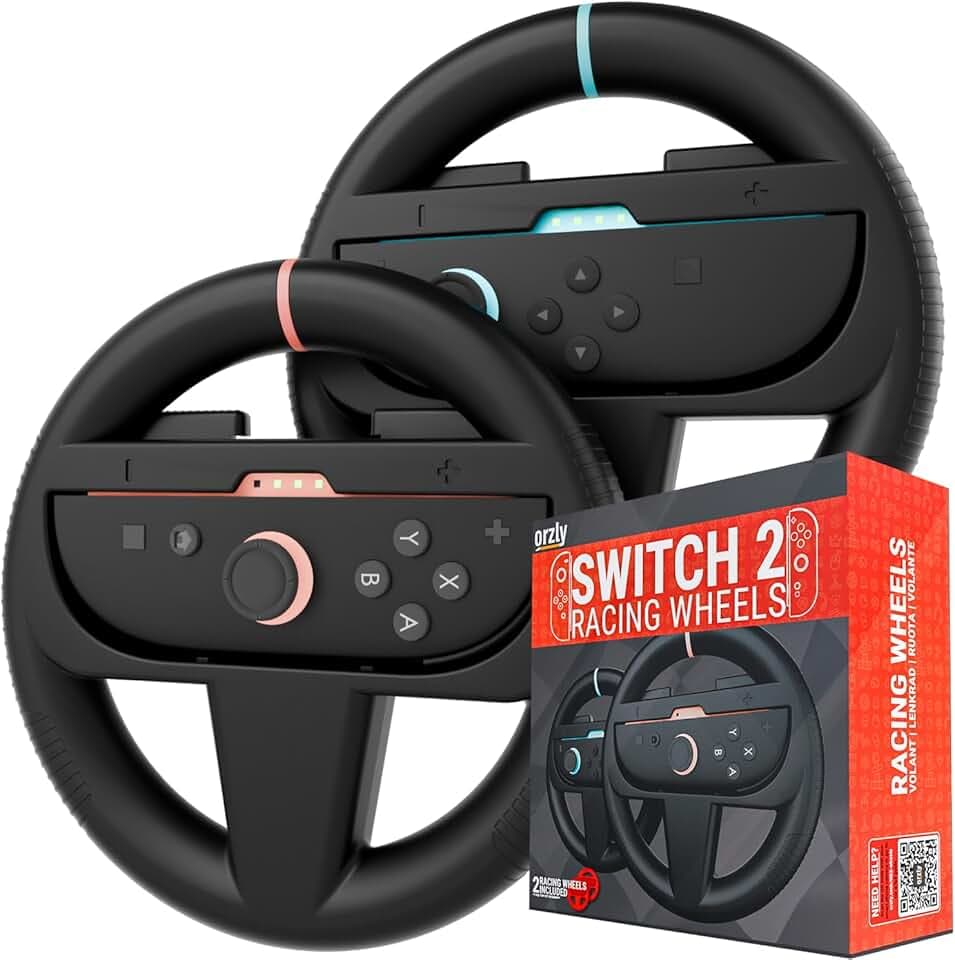 Orzly Volant de Direction – Compatible avec Nintendo Switch 2 (Console 2025) – Pack de 2 Roues de Course pour Manettes Joy-Con (2 Noir)
