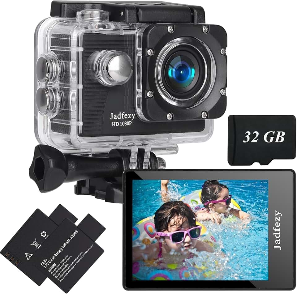 Camera Sport 1080P FHD avec Carte Mémoire 32GB,Etanche 30M Caméra d'action Grand Angle, avec Deux Piles Rechargeables 900 mAh Caméra Sport et kit d'accessoires(Nouveau 2026