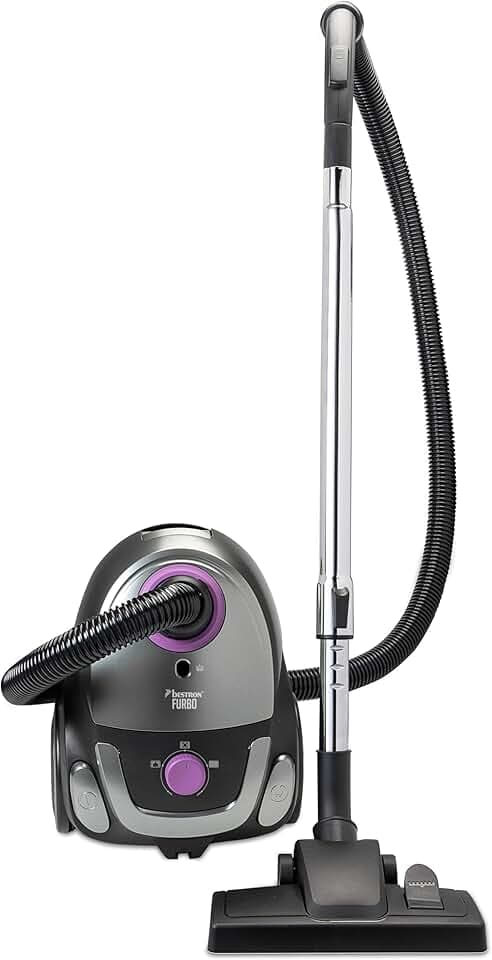 Bestron Aspirateur avec Sac, aspirateur de Sol avec 3 Sacs à poussière, Manche télescopique de 94cm et suceur de Sol commutable, Rayon d'action de 7.5m, Filtre HEPA12 et microfiltre Lavable, Violet