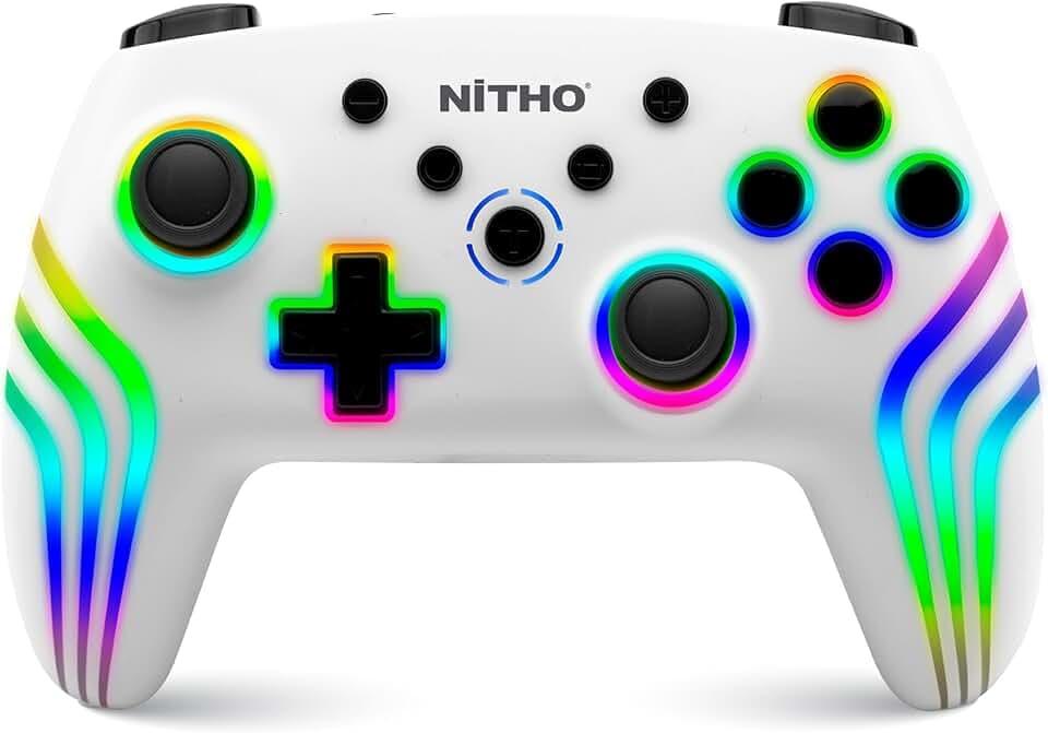 NITHO NEXUS Manette Sans Fil Compatible avec Switch/Switch 2/PC/Android/iOS, Gamepad avec Gyroscope 6 Axes, Double Vibration, Turbo, LED RGB, Joystick Ergonomique - Blanc