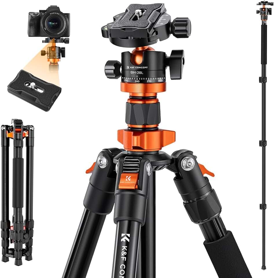 K&F CONCEPT Trepied Appareil Photo,175CM Trépied Photo Voyage, Trépied Monopode en Aluminium,Pied Appareil Photo Professionnel avec 360° Rotule Plaque Degagement pour Canon Nikon Camera DSLR Max: 10KG Global Recycled Standard
