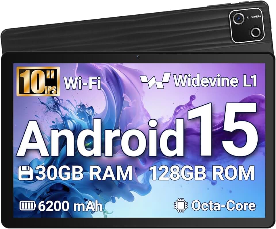 Tablette 10 Pouces Android 15 certifiée GMS, 30Go RAM + 128Go ROM (2To TF), Octa-Core, 6200mAh, HD 1280x800, WiFi 6, BT 5.3, Widevine L1, 5MP+8MP, Tablet PC, Noir – 2026