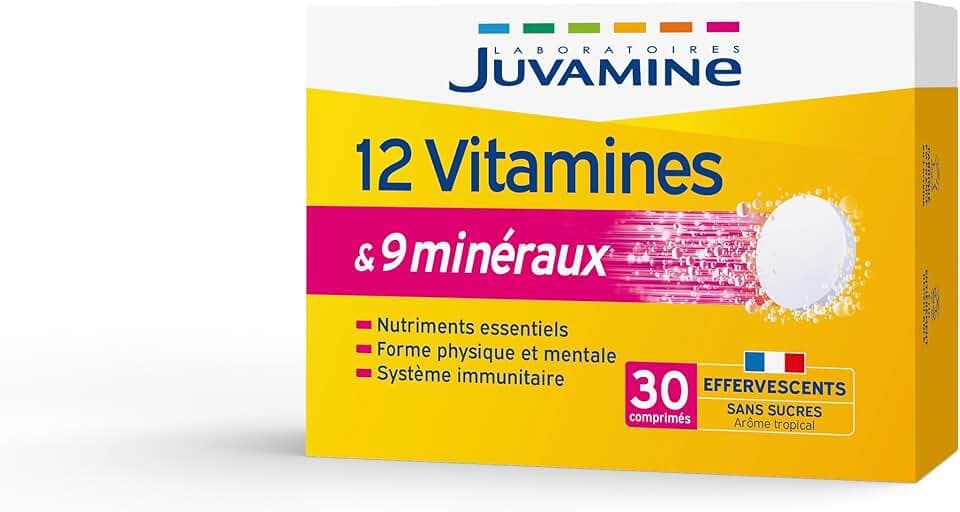 Juvamine - 12 Vitamines & 9 Minéraux Effervescents - Fatigue, Stress, Métabolisme Énergétique, Immunité - 30 Comprimés Arôme Tropical - Fabriqué en France