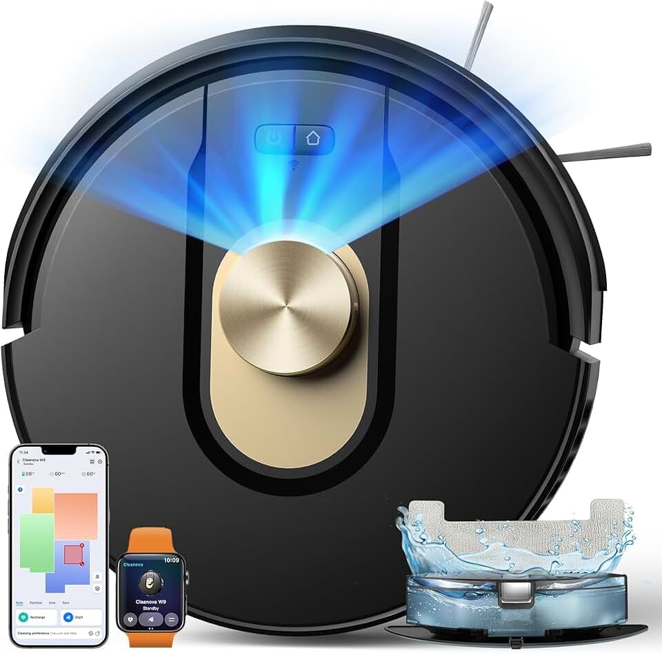 Vexilar Cleanova W9 Robot Aspirateur Laveur, 8000Pa/150Min Aspirateur Robot, Navigation LiDAR avec Cartographie, Zones Virtuelles, Alexa/APP, Idéal pour Les Sols,Tapis Poils d'animaux