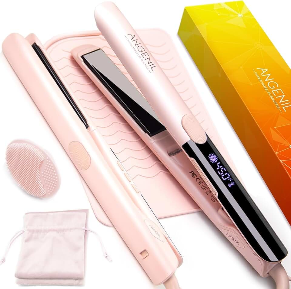 ANGENIL Pro Fer à lisser et bigoudi 2 en 1 en titane rond rose double tension avec tapis en silicone résistant à la chaleur, grand écran LCD, chauffage rapide 20 s