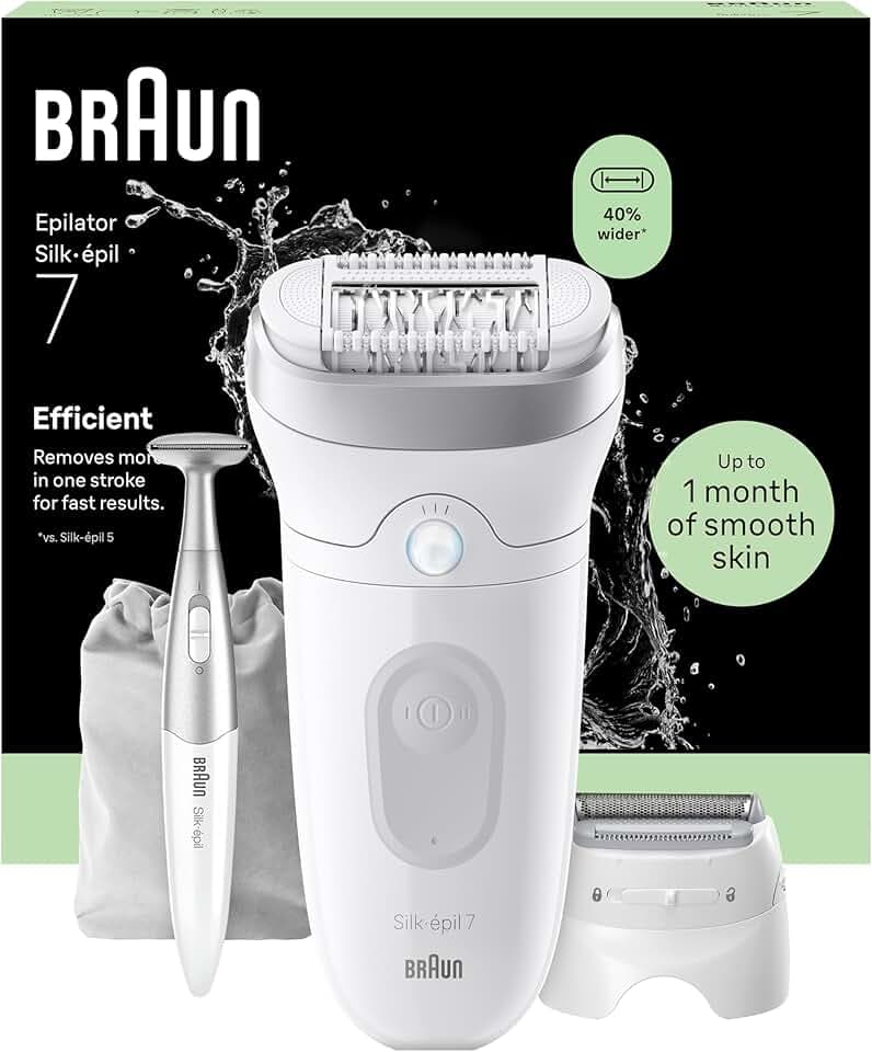 Braun Epilateur Electrique Femme Silk Epil 7 7-241, Argent – Etanche, sans Fil, Embout Rouleau de Massage, Coffret Epilation avec Tondeuse Intime, Tête de Rasage
