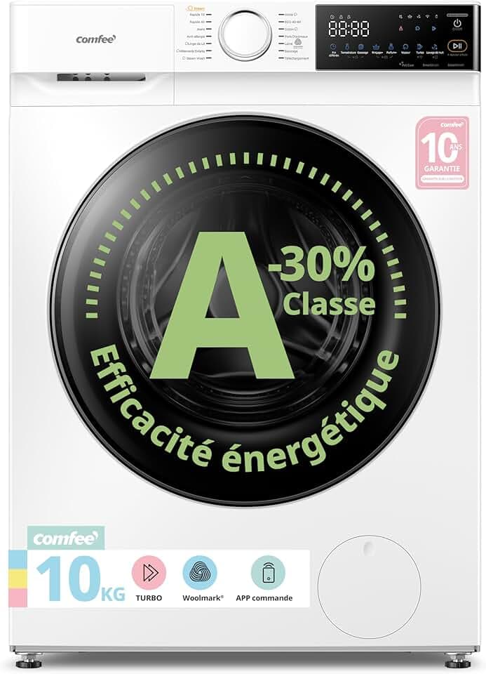 COMFEE' Machine a laver, Lave Linge 10kg, Classe énergétique A-30%, 14 programmes, Lavage intelligent contrôlable à distance, Élimination des poils d'animaux, Parfum+, Blanc-CF10EWP07W Étiquetage Énergétique