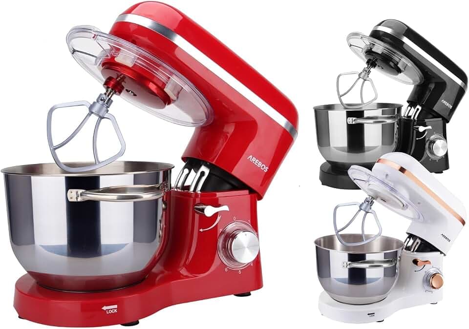 Arebos Robot Pâtissier Professionnel 1500W | Rouge | Robot de Cuisine Multifonction avec Fouet, Batteur, Crochet | Bol d'Acier Inoxydable 6 Litres | 6 Vitesses | Fonction Pulse