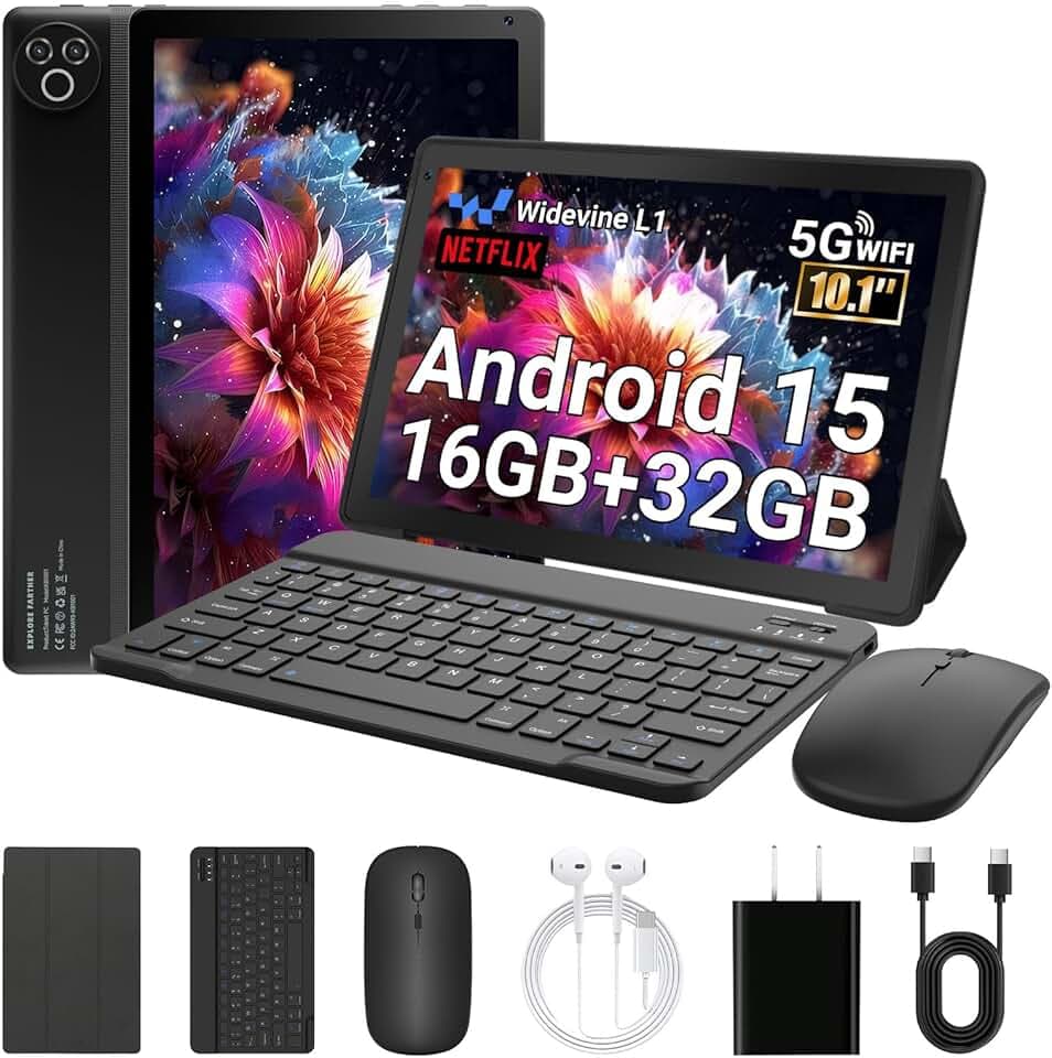 Tablette 10 Pouces, Android 15 Tablette avec 32 Go ROM+1 to TF, 5000 mAh, WiFi 6, Bluetooth 5.4, Widevine L1, Tablette Tactile avec Clavier et Souris, Noir