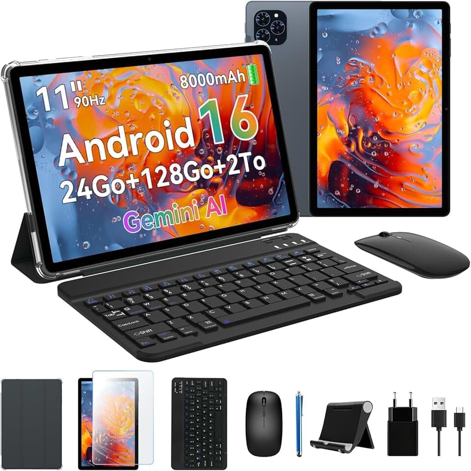 T90 Tablette Android 16, Tablette Tactile 11 Pouces FHD (Widevine L1), 24Go RAM 128Go ROM (2To TF), Tablette avec Clavier Souris et Stylet, PC 2 en 1, Gemini AI, Batterie 8000mAh - Gris Certifié ClimatePartner