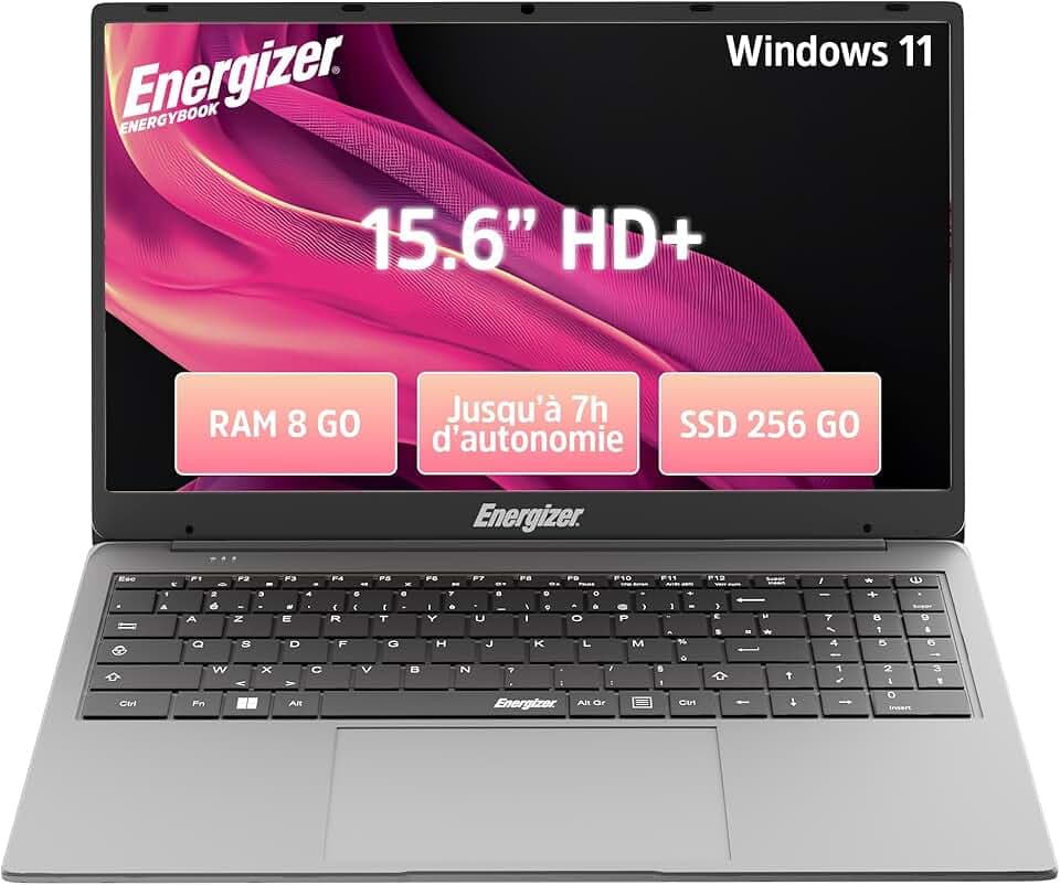 Energizer EnergyBook - Ordinateur Portable 15,6'' HD+ 8Go RAM, SSD 256 Go, PC Portable Intel Celeron,UHD Graphics, Windows 11, Laptop Gris, Clavier AZERTY (Français), USB3.0, HDMI
