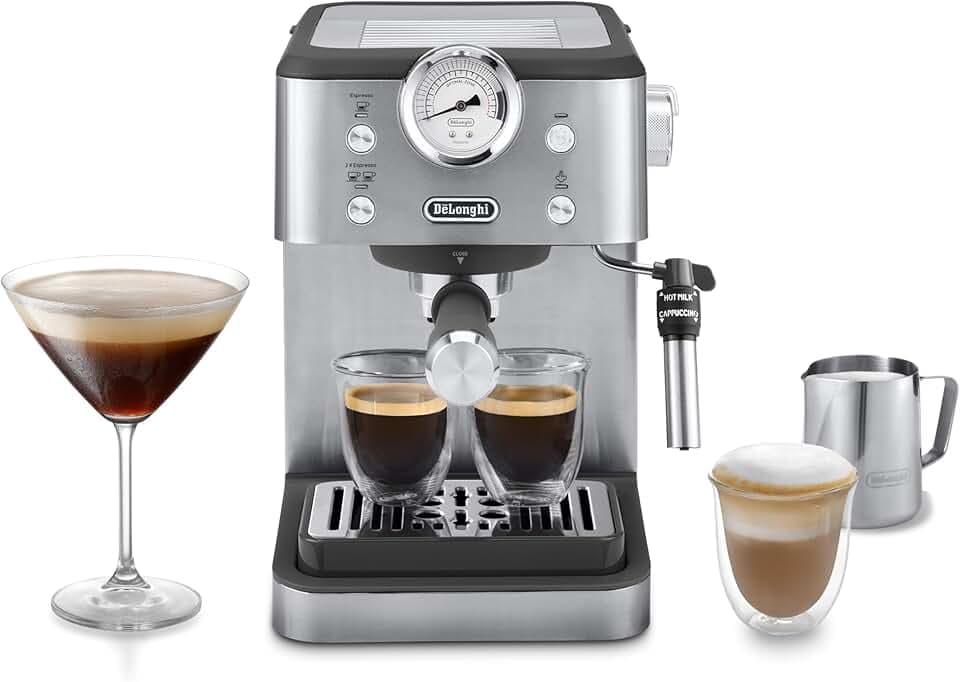 De'Longhi Linea Classic EM450.M Machine à café manuelle avec tige vapeur, machine à expresso avec pompe barista, buse pour cappuccino, filtre double paroi, 15 bar, tasse jusqu'à 13 cm, acier