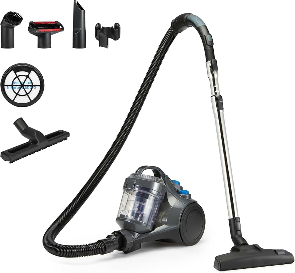 Amazon Basics Aspirateur Traineau sans Sac 1.3L Compact Ultra-Léger avec Brosse Triple Action, Filtro HEPA, 850W, pour Tapis et Sols Durs, Gris
