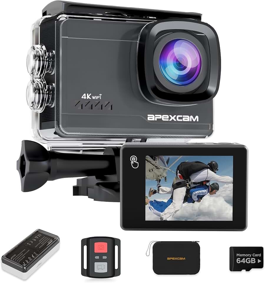 Caméra Sport 4K 60FPS Écran Tactile 64MP avec Stabilisation EIS, Camera Étanche 4K 40M WiFi, 2 Batterie 1350mAh, Carte 64GB Incluse et Étui de Rangement – Action Cam pour Plongée, Vélo, Ski, Voyage