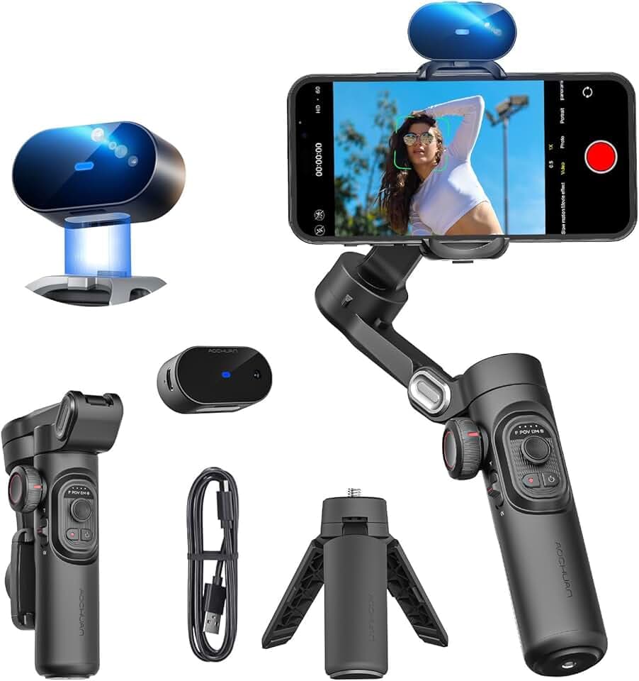 AOCHUAN XE AI Version, stabilisateur de cardan pour Smartphone, Suivi AI, contrôle gestuel, cardan d'inception avec TikTok Youtube, stabilisateur Pliable à 3 Axes pour iPhone et Android