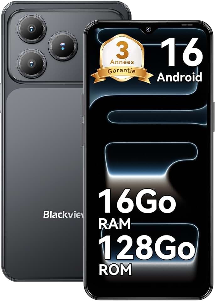 Blackview Wave 7C Telephone Portable Android 16 Smartphones, 16Go+128Go/2To, 32MP+13MP, 5000mAh, 6.56" Smartphon Pas Cher 4G Dual SIM, Téléphone WiFi 5G/GPS/IP54/3 Card Slots/3.5mm/FM/3Ans Garantie