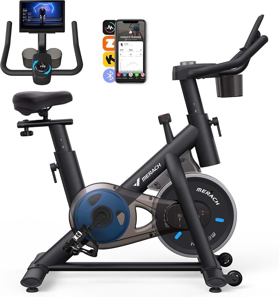 MERACH Vélo d'Appartement pour la Maison - Vélo de Fitness d'Intérieur Silencieux avec Résistance Réglable, Écran LCD, Siège Confortable, pour Entraînement Cardio, App Exclusive, Capacité Max 136KG Recycled Claim Standard 100