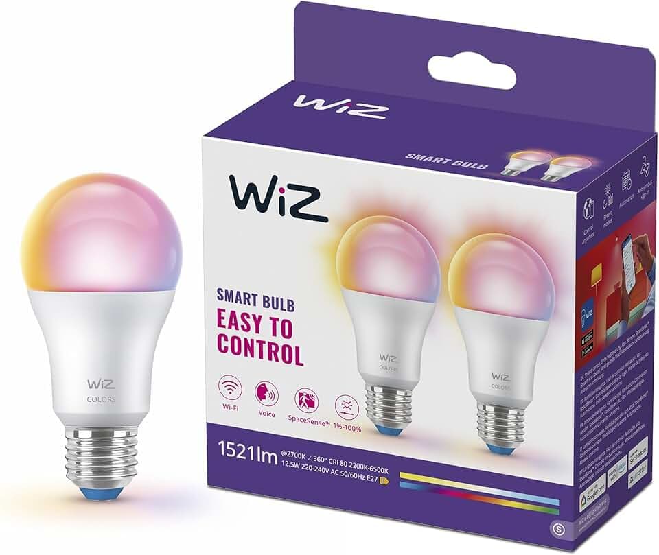 WiZ Ampoule LED connectée A60, Blanc ajustable et Multicolore, Culot E27, Équivalent 100 W, 2200-6500 K, 1521 lumens, Intensité réglable, Compatible Alexa, Google Assistant et Apple HomeKit, pack de 2