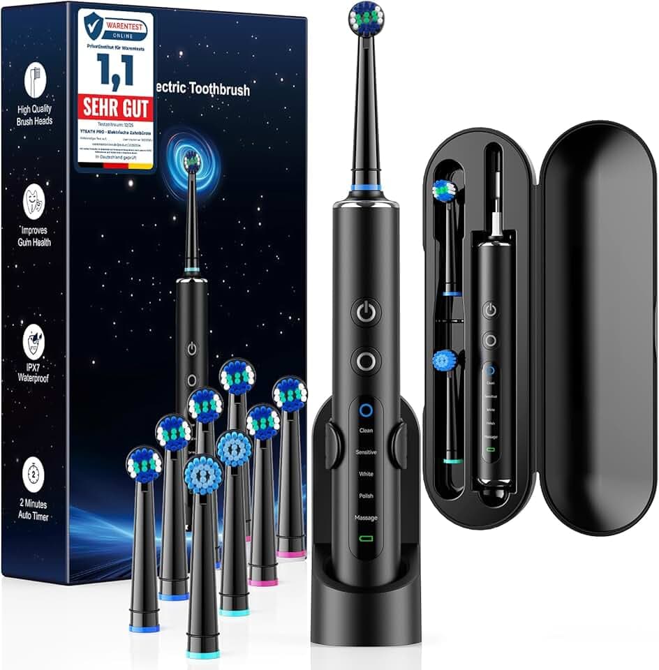 Brosse à Dent Électrique Rotative à Tête Ronde pour Adultes et Enfants, 50 000 VPM, 3 Intensités 5 Modes, 8 Têtes de Brosse, Autonomie 120 Jours, IPX7, Étui de Voyage & Support Mural