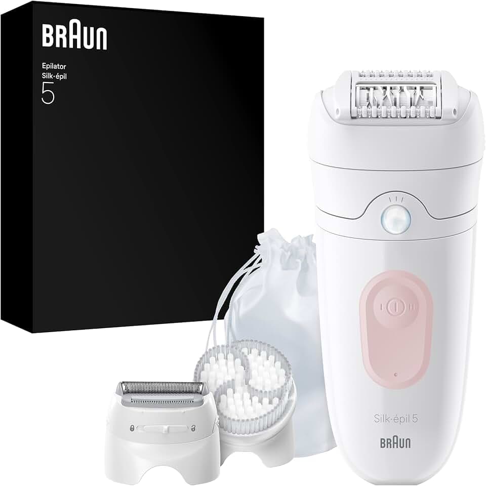 Braun Epilateur Electrique Femme Silk Epil 5, 5-060, Blanc et Rose Flamant – Etanche, sans Fil, Embout Rouleau de Massage, Coffret Epilation avec Tête de Rasage, Sabot Tondeuse, Brosse Exfoliante