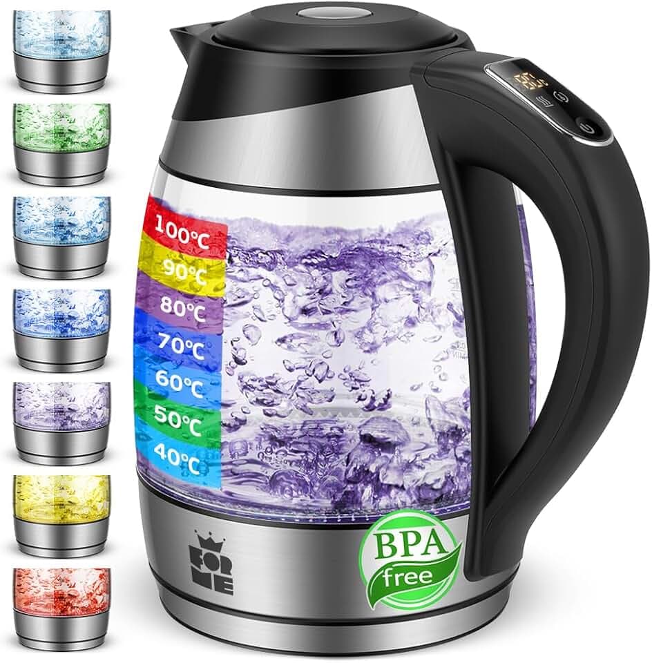 FOR ME Bouilloire Électrique en Verre 1.8L, Contrôle de la Température, Température Réglable à Partir de 40°C à 100°C, Éclairage LED 7 Couleurs, Fonction de Maintien au Chaud, Sans BPA
