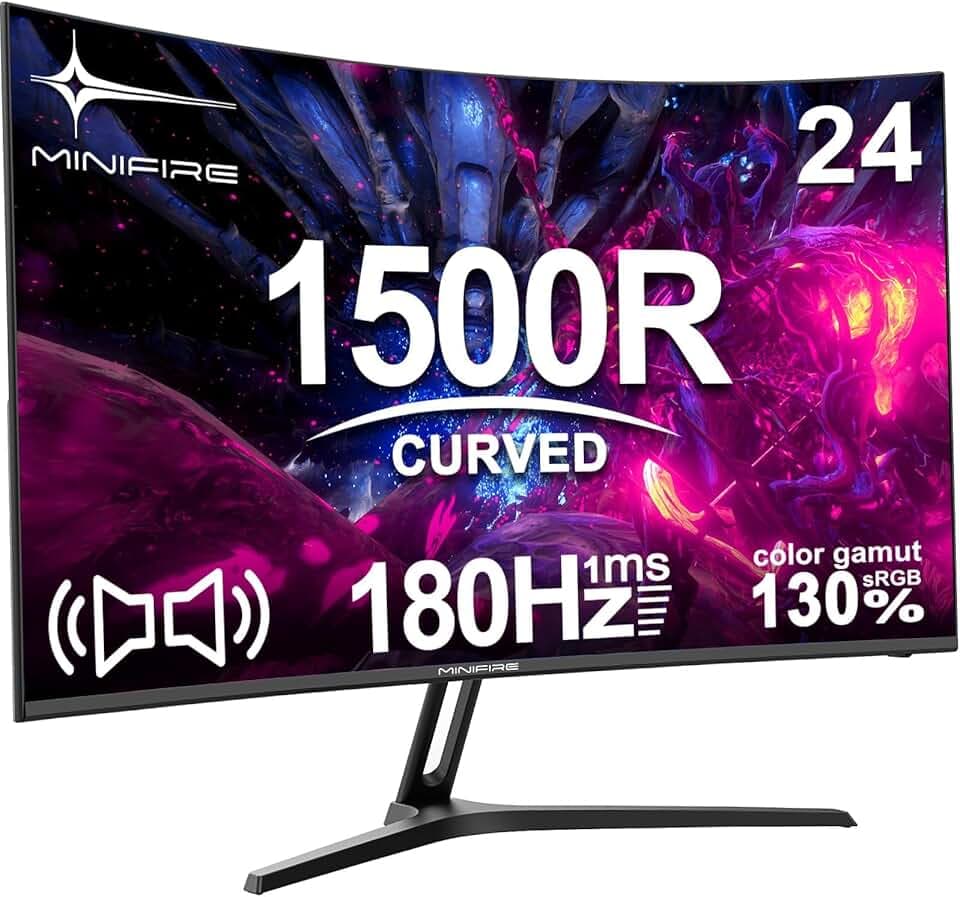 Minifire 24" Écran Gamer Incurvé 180Hz, 1ms MPRT, FHD, 1500R, Adaptive Sync, Haut‑Parleurs, VESA 75x75, HDMI 1.4 & DP 1.2 – MFG24C1