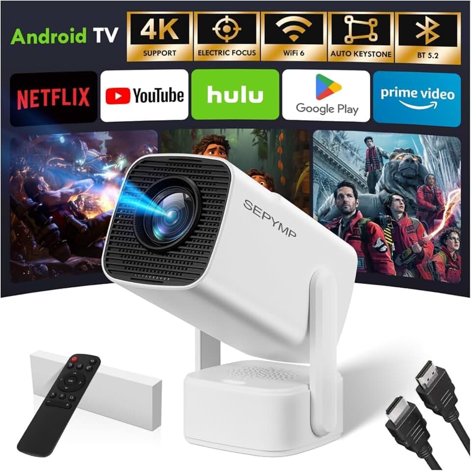 Videoprojecteur Portable,SEPYMP 2025 Upgrade Mini Projecteur, 4K Ultra HD 1080P, Android 13 Integré, WiFi 6 Bluetooth 5.2, Base de Son Intégrée, Compatible TV Box/PS5/PC