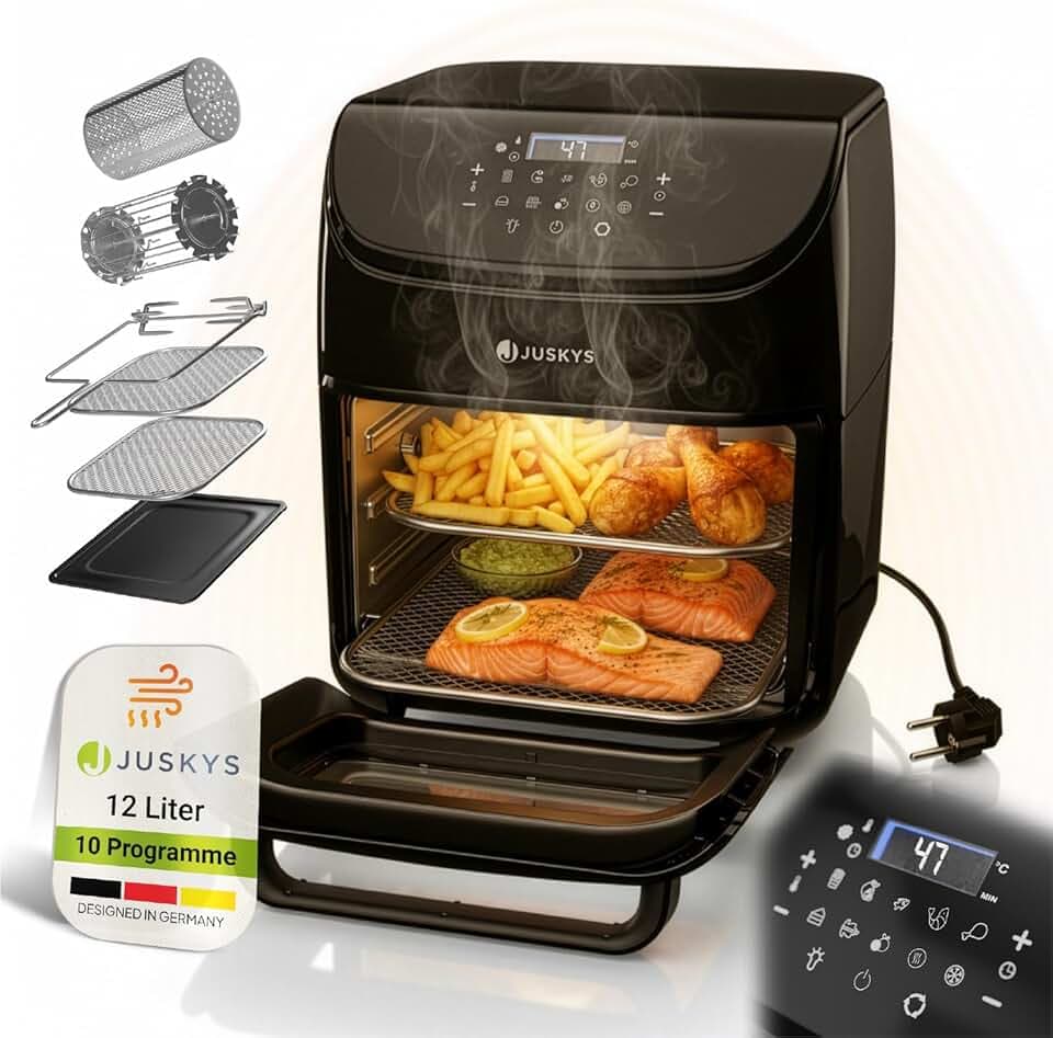 Juskys friteuse à air chaud 12L – noire, Airfryer multifonction avec écran tactile LCD, 10 programmes, 25–200 °C & accessoires