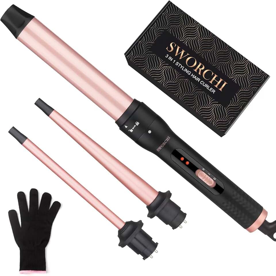 Boucleur a Cheveux 3 en 1 Fer a Boucler Céramique Boucleur Cheveux avec Température Réglable Hair Curler Interchangeable 9-32mm Fer a Friser pour Cheveux Longs Courts avec Gant