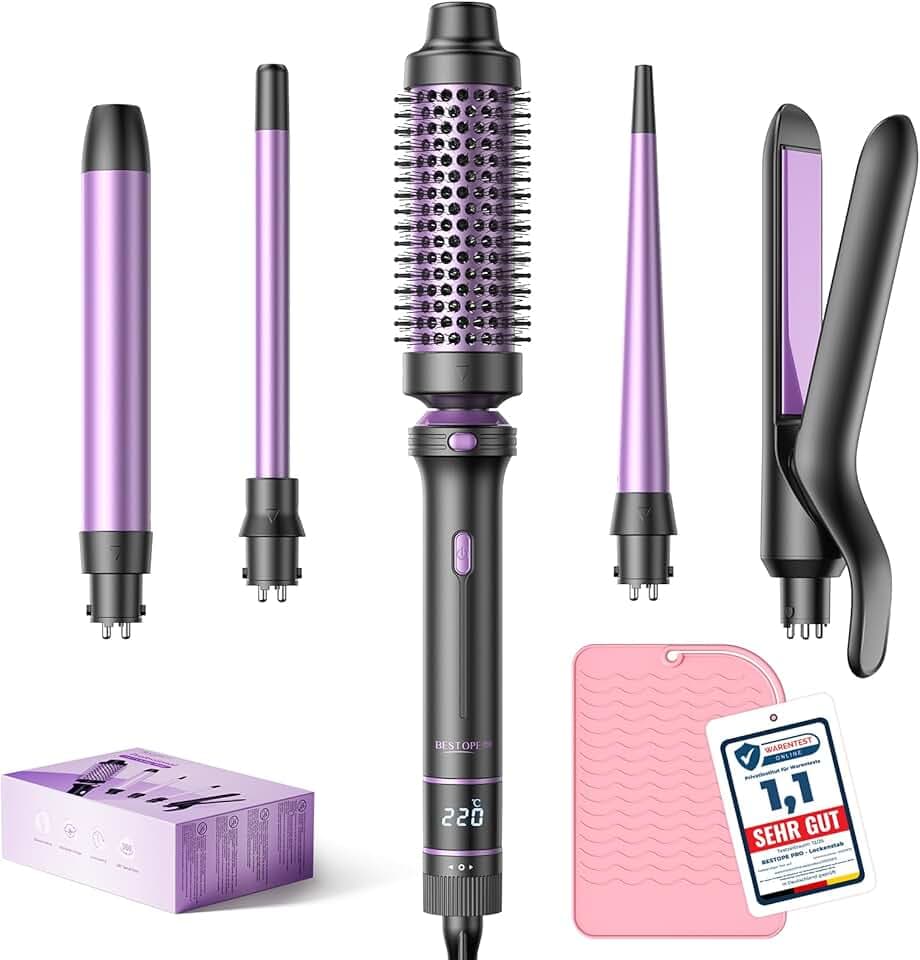 Boucleur à Cheveux BESTOPE PRO 5 en 1 - Fer à Boucler Avec un Lisseur Cheveux,Brosse Thermique, Boucleur Wavy (9 mm-25 mm),Fer à Friser Kit - Température Réglable,Pour Les Voyages et Les Cadeaux