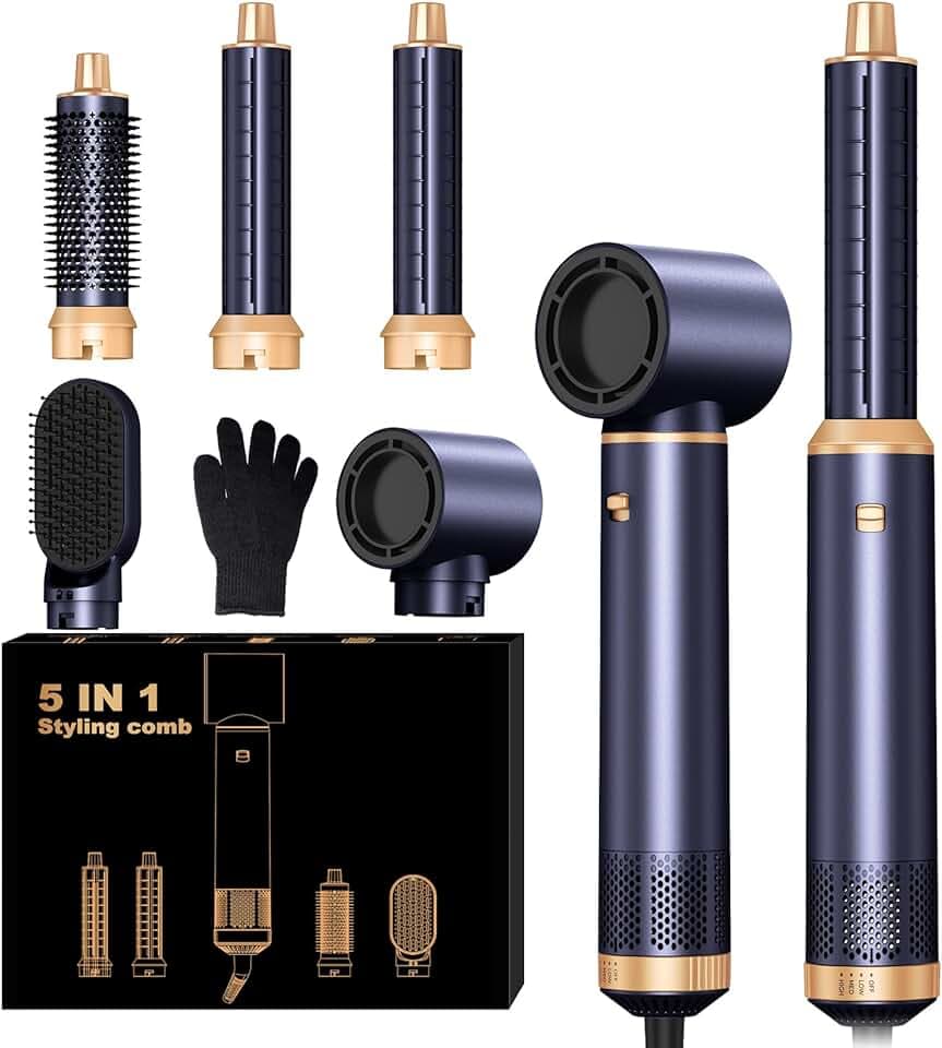 Air Brush 5 en 1, Hair Styler Airbrush 5 en 1 avec Seche Cheveux, Brosse Soufflante, Fer a Boucler, Thermal Brush, Brosse Lissante Seche Cheveux 5 en 1 pour Sécher, Boucler, Lisser