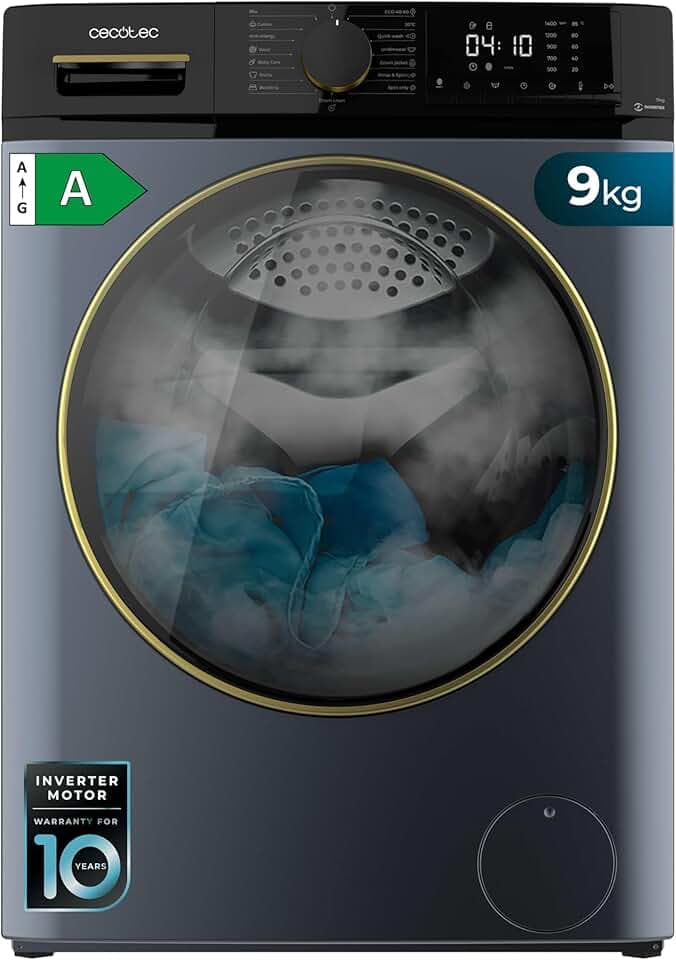 Cecotec Lave-linge frontal 9Kg Bolero Dresscode 9610 Inverter Blue Ice A. 2000W, 1400 RPM, fonction vapeur, moteur Inverter Plus, 15 programmes, optimise le niveau d'eau et le temps de lavage Étiquetage Énergétique