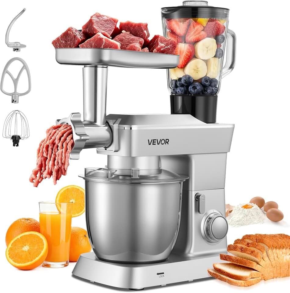 VEVOR Robot Pâtissier et Culinaire 4,3 L, Batteur sur Socle 1300 W avec Fonction Hachoir à Viande et Blender de 1,5 L, Batteur Mixeur 6 Vitesses avec Pulse, Bol en Inox, Mélange Fouettage Pétrissage