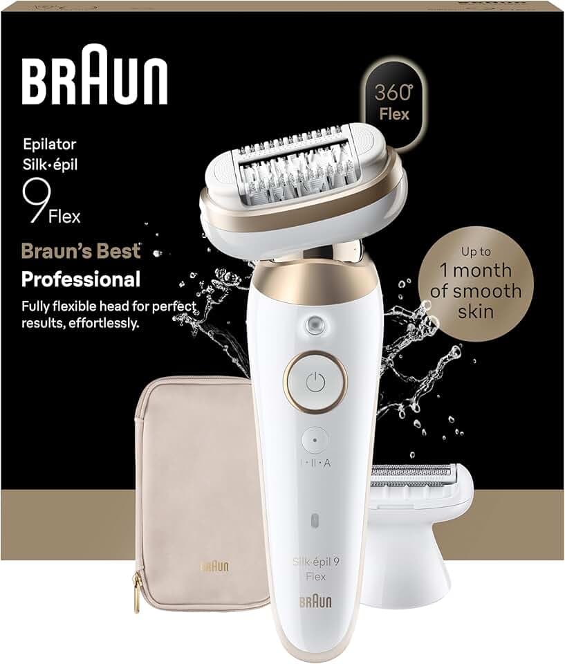 Braun Epilateur Electrique Femme Silk Epil 9, 9-041 3D, Blanc et Or – Etanche, sans Fil, Tête Flexible à 360°, Coffret Epilation avec Embout de Rasage, Sabot Tondeuse, Accessoire de Précision