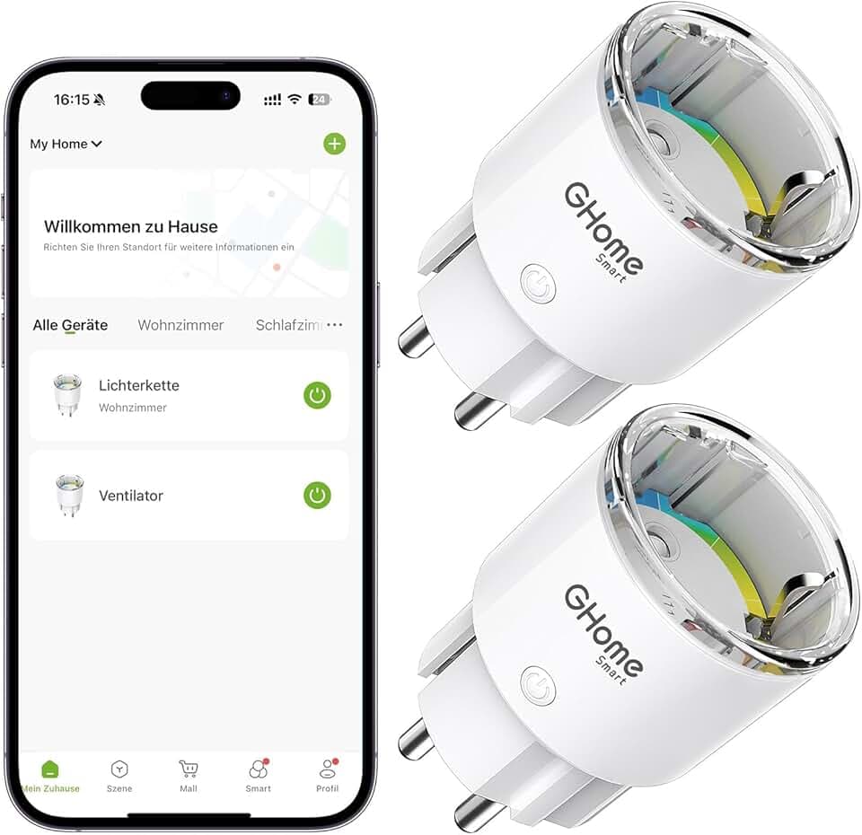 GHome Smart Mini Prise Connectée WiFi, Prise Intelligente Certifié TÜV avec APP Contrôle, Mesure de Consommation Électrique, Plug Programmable avec Alexa et Google Home, Fonction de Temps, 10A