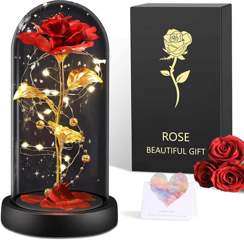 BOLEi Rose Eternelle Cadeau pour Femmes, Rose sous de La Belle et La Bête, Rose Rouge avec LED, Cadeau Saint Valentin pour Femme,Cadeaus Noel pour Elle, Maman Épouse Sœur,Anniversaire Femme