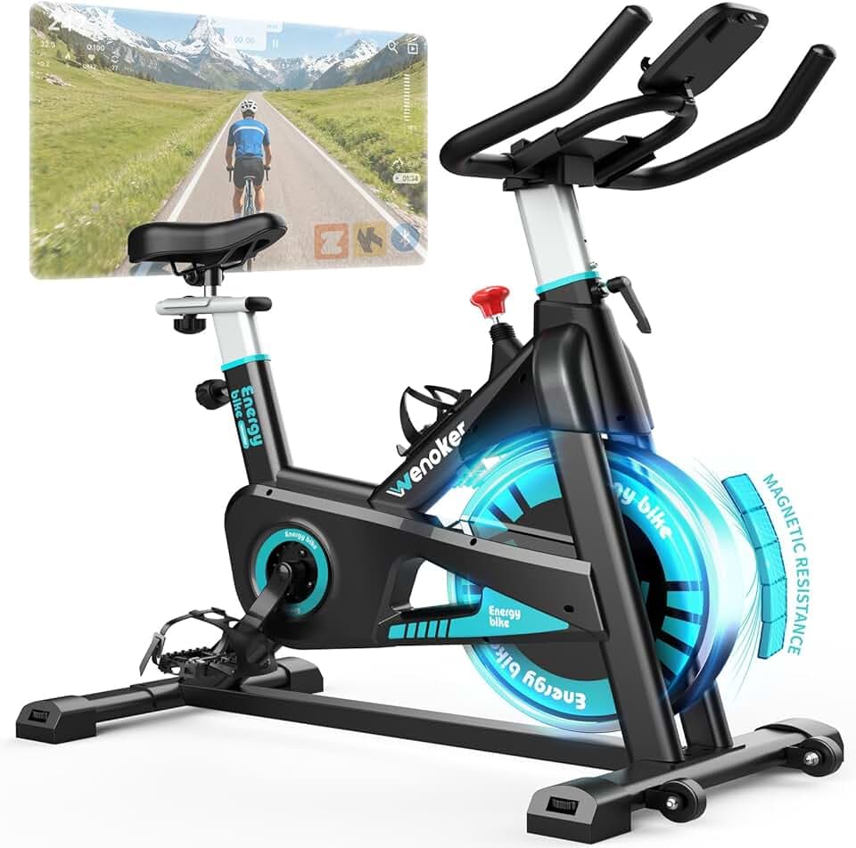 Wenoker Vélo d'Appartement Silencieux avec Résistance Magnétique, Velo D Appartement Connecté APP, Velo Appartement avec Écran LCD et Siège Confortable, pour Entraînement Cardio, Capacité 160KG ISCC PLUS