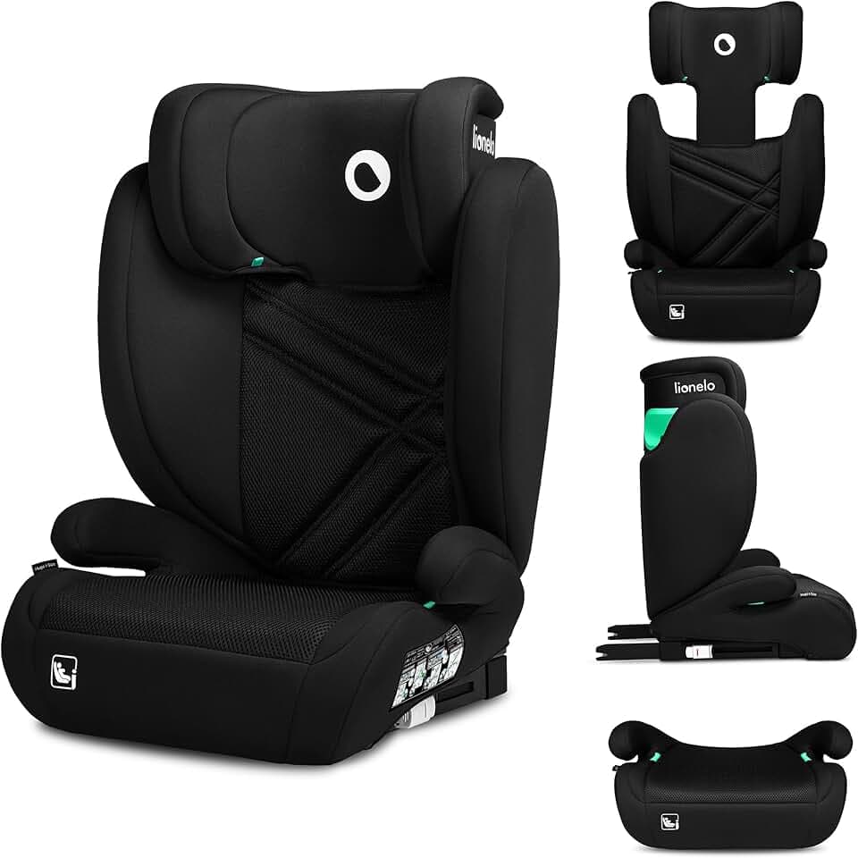 LIONELO HUGO I-SIZE Rehausseur Voiture Enfant Siège Auto Groupe 2 3, de 100 à 150 cm Montage ISOFIX Appui-tête Réglable Memory Foam Protection Latérale Accoudoirs (BLACK CARBON)