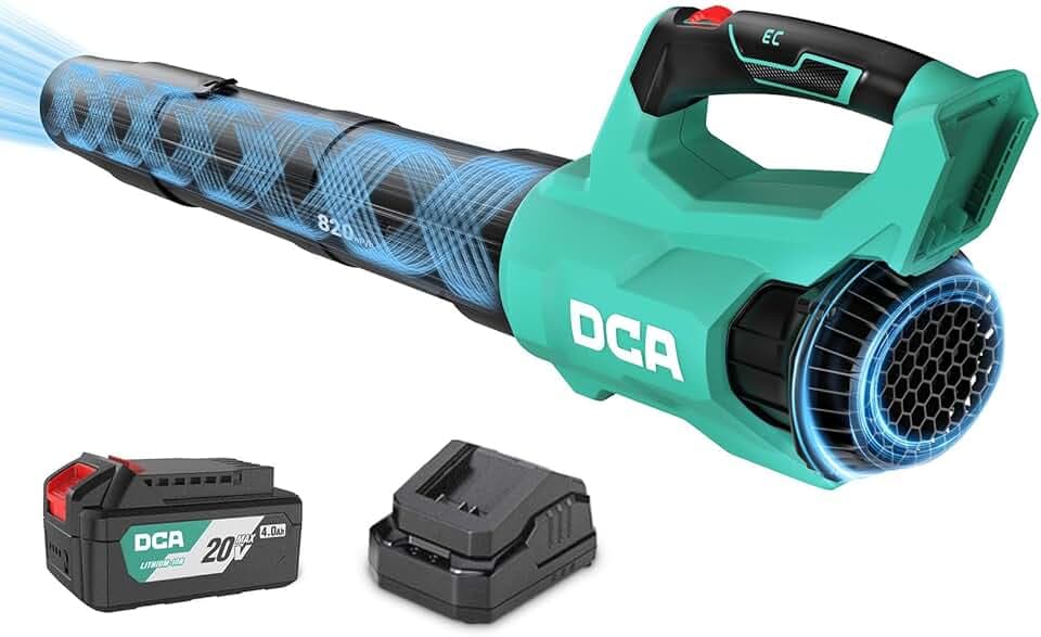 DCA Souffleur de Feuilles sans Fil 20V avec Moteur Brushless, Débit d'air 820 m³/h & 193 km/h, Batterie 4.0Ah Incluse, Ultra-Léger 1,5kg, Variateur de Vitesse pour Jardin, Allées et Poussière