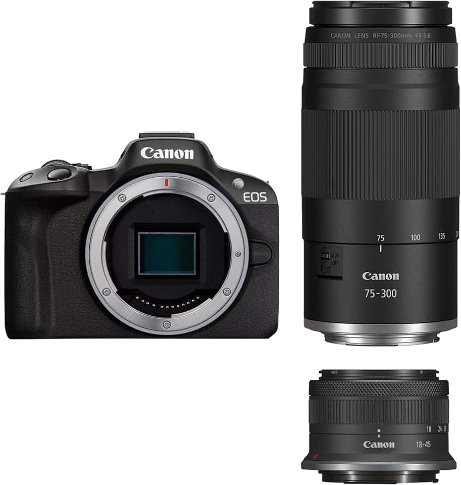 Canon EOS R50 Appareil Photo Hybride + Objectif RF-S 18-45mm + RF 75-300mm Kit Double Zoom - Appareil Photo numérique avec autofocus + détection de scène et des Visages, Animaux véhicules Vidéo 4k