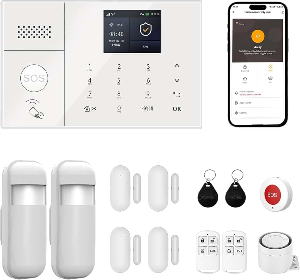 Système d'Alarme Maison, Alarme Détecteurs de Mouvement, Capteurs de Porte/Fenêtre, Boutons SOS,Commande à Distance, Protection Anti-Intrusion pour Maison (13 kit Set)